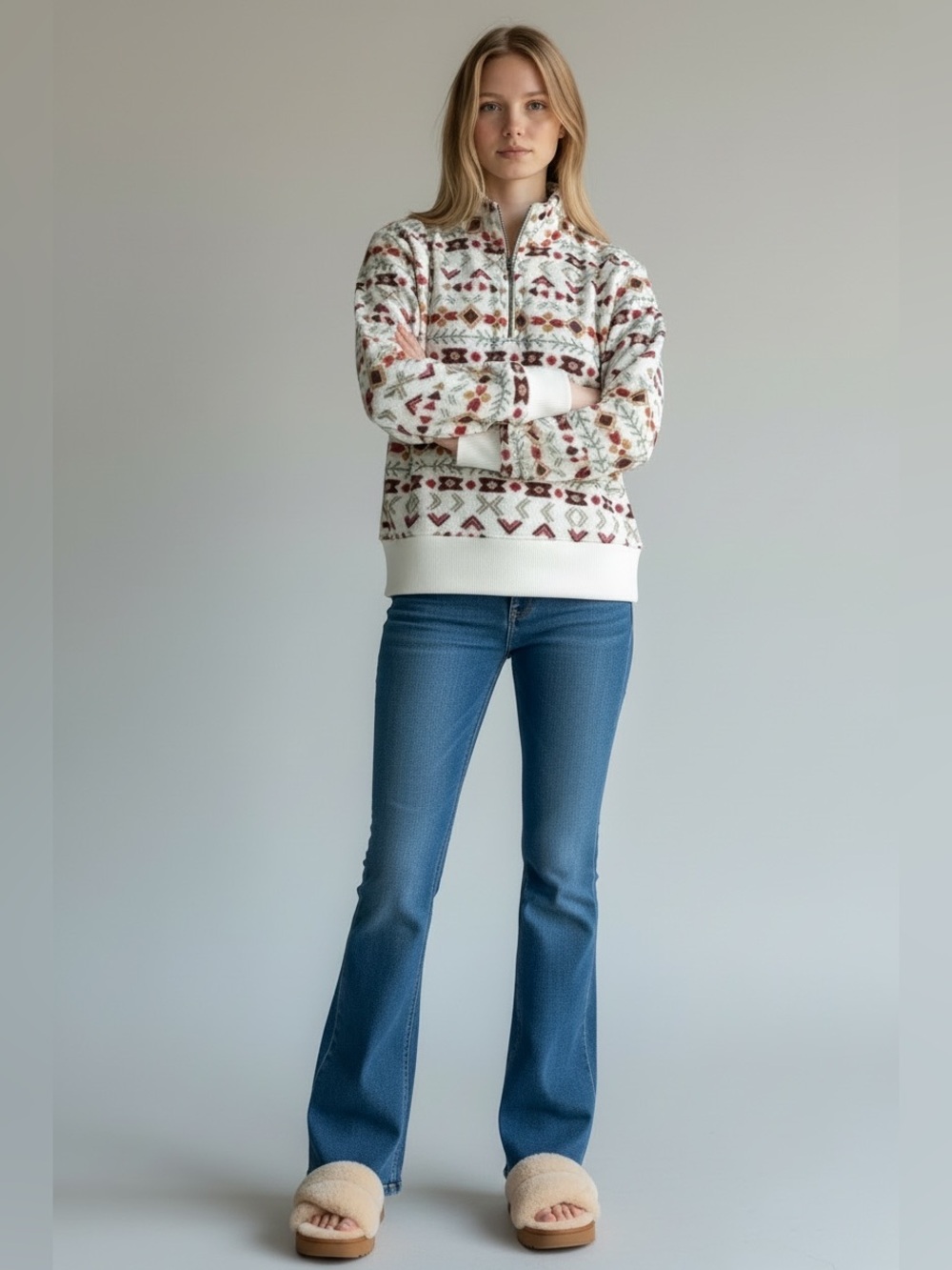 Natural Reflections Cream Quarter-Zip Pullover with Red and Brown Pattern